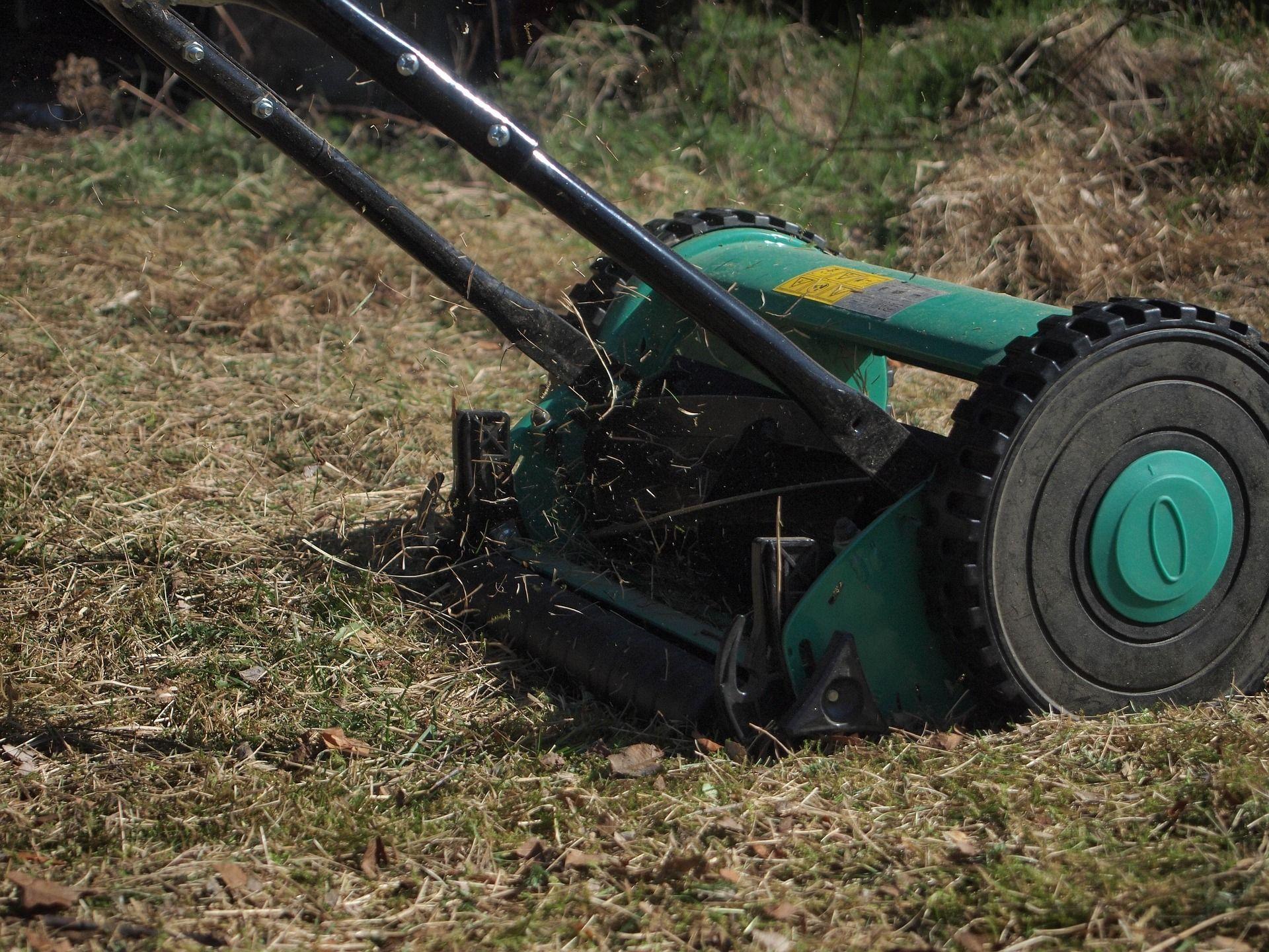 Grüner Rasenlüfter oder Vertikutierer mit schwarzen Griffen arbeitet auf trockenem Gras und wirbelt Erdklumpen und Pflanzenreste auf, während er den Boden belüftet und Moos sowie Unkraut entfernt.