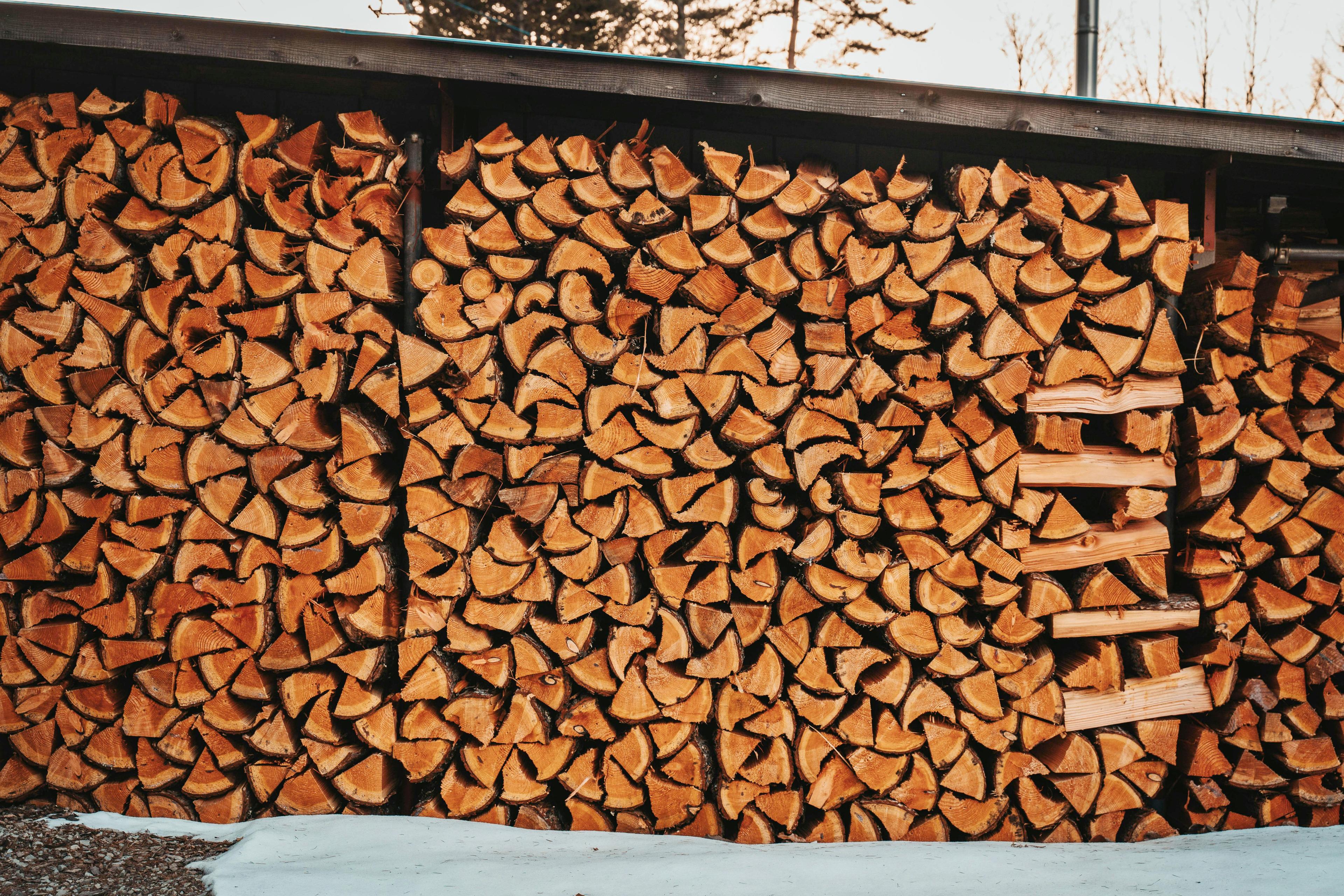 Großer überdachter Holzstapel mit ordentlich geschichteten gespaltenen Brennholzscheiten in warmen Brauntönen, die zum Trocknen unter einem Carport oder Unterstand gelagert sind.