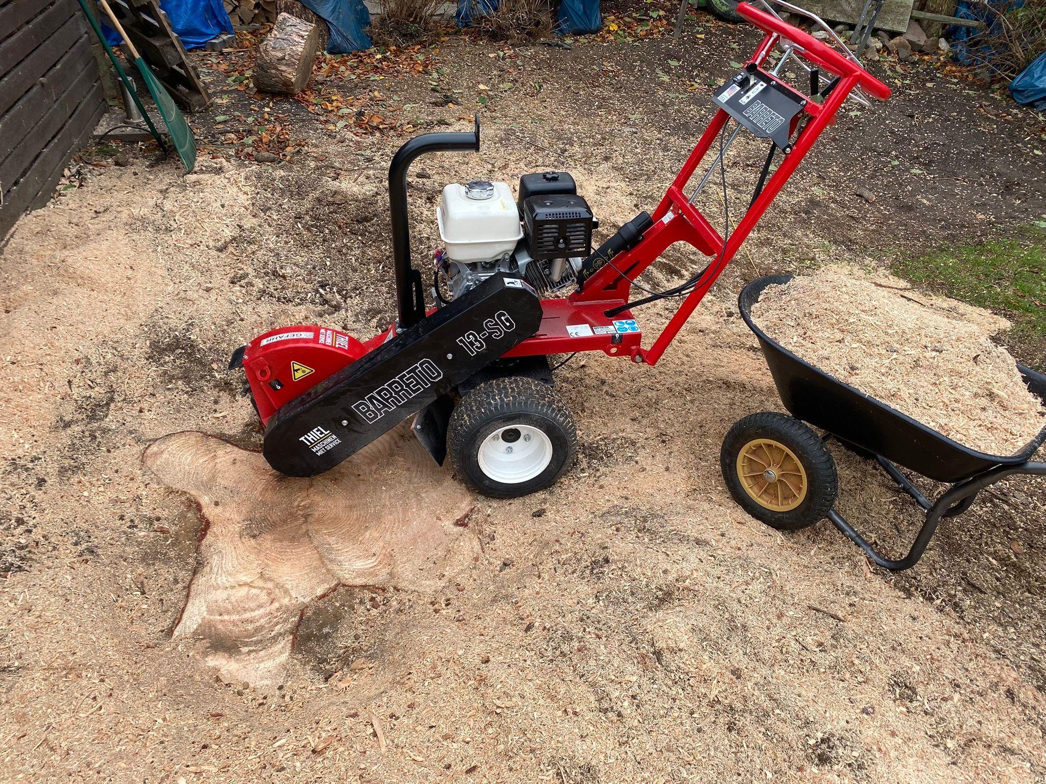 Rote Stubbenfräse Barreto 13-SD mit Benzinmotor auf sandigem Untergrund im Außenbereich.